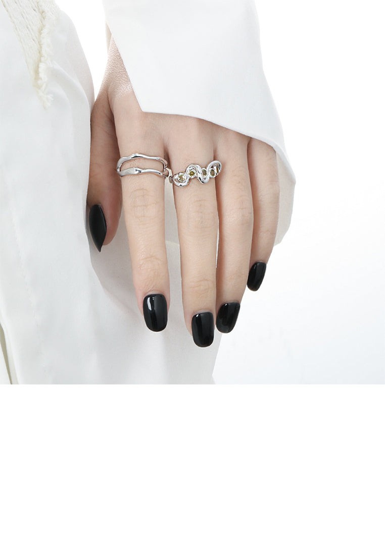 925 Sterling Silver Simple and Fashion Irregular Wavy Lines Adjustable Open Ring with Green Cubic Zirconia - Luxurious Look