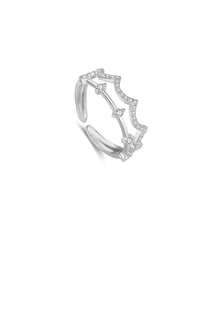 925 Sterling Silver Simple and Fashion Crown Double Layer Adjustable Open Ring with Cubic Zirconia - Luxurious Look
