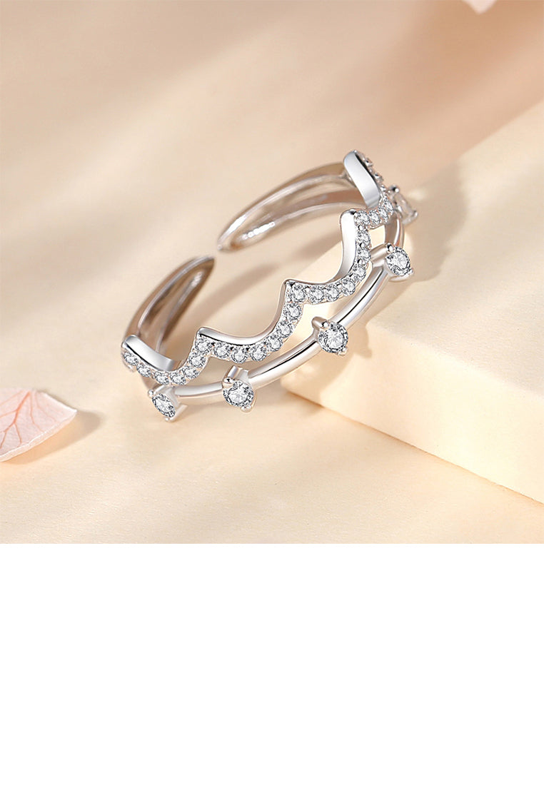 925 Sterling Silver Simple and Fashion Crown Double Layer Adjustable Open Ring with Cubic Zirconia - Luxurious Look
