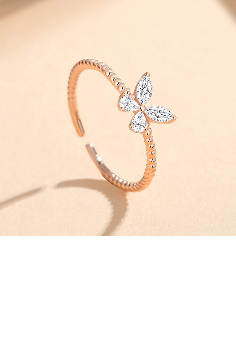 925 Sterling Silver Plated Rose Gold Simple and Fashion Butterfly Twist Adjustable Open Ring with Cubic Zirconia - Luxurious Look