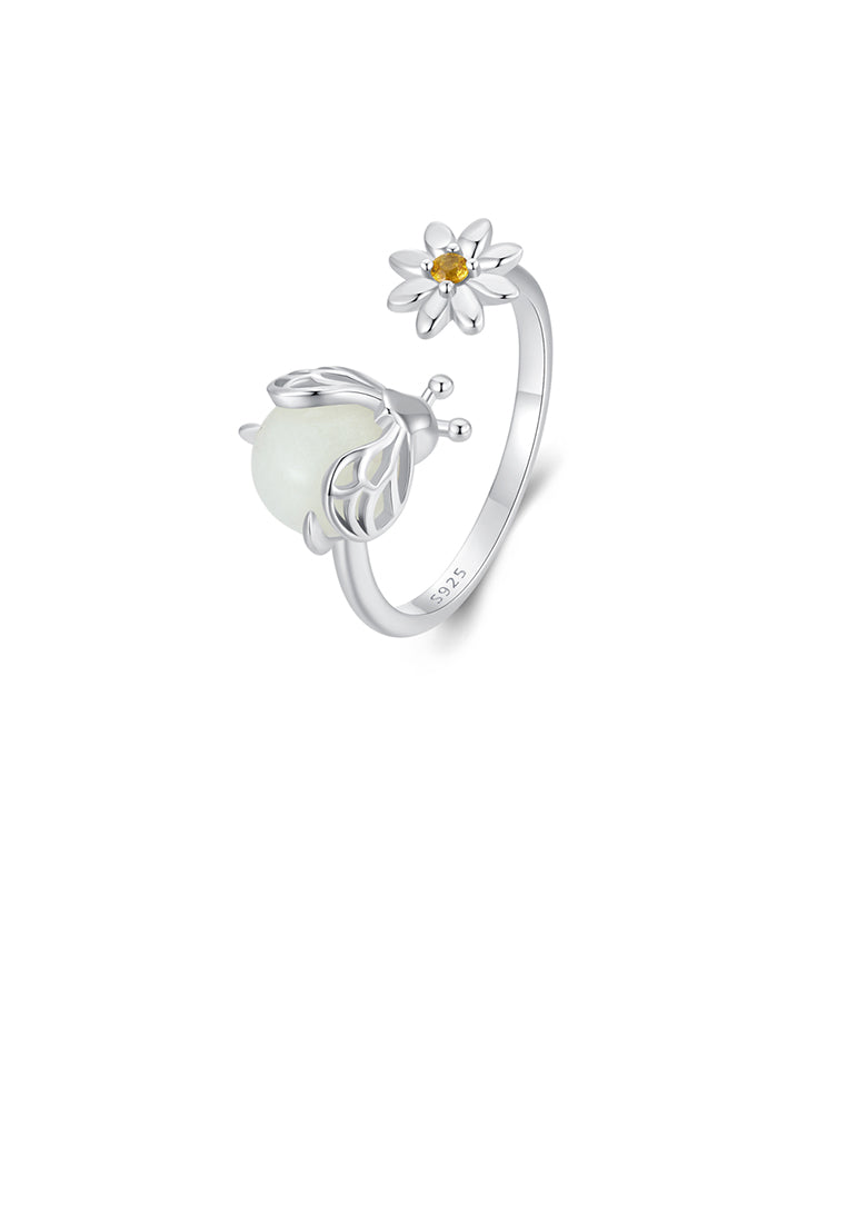 925 Sterling Silver Fashion Simple Bee Daisy Adjustable Open Ring with Cubic Zirconia - Luxurious Look