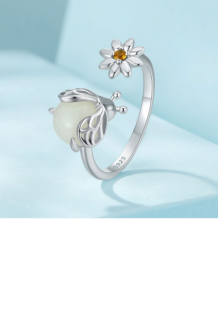 925 Sterling Silver Fashion Simple Bee Daisy Adjustable Open Ring with Cubic Zirconia - Luxurious Look