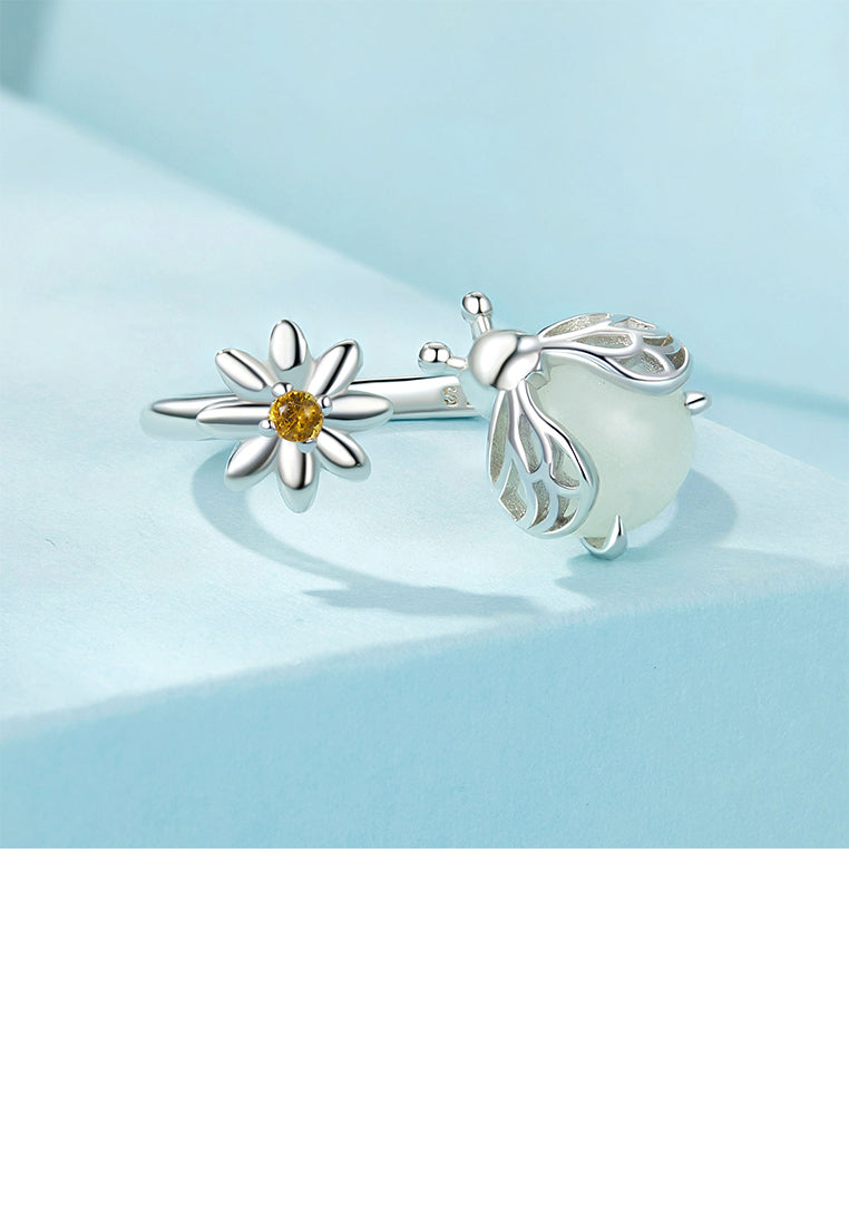 925 Sterling Silver Fashion Simple Bee Daisy Adjustable Open Ring with Cubic Zirconia - Luxurious Look
