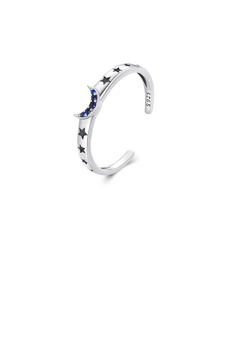 925 Sterling Silver Simple Fashion Moon Star Adjustable Open Ring with Blue Cubic Zirconia - Luxurious Look