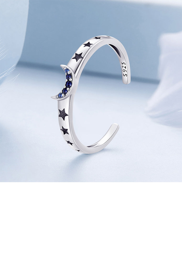 925 Sterling Silver Simple Fashion Moon Star Adjustable Open Ring with Blue Cubic Zirconia - Luxurious Look
