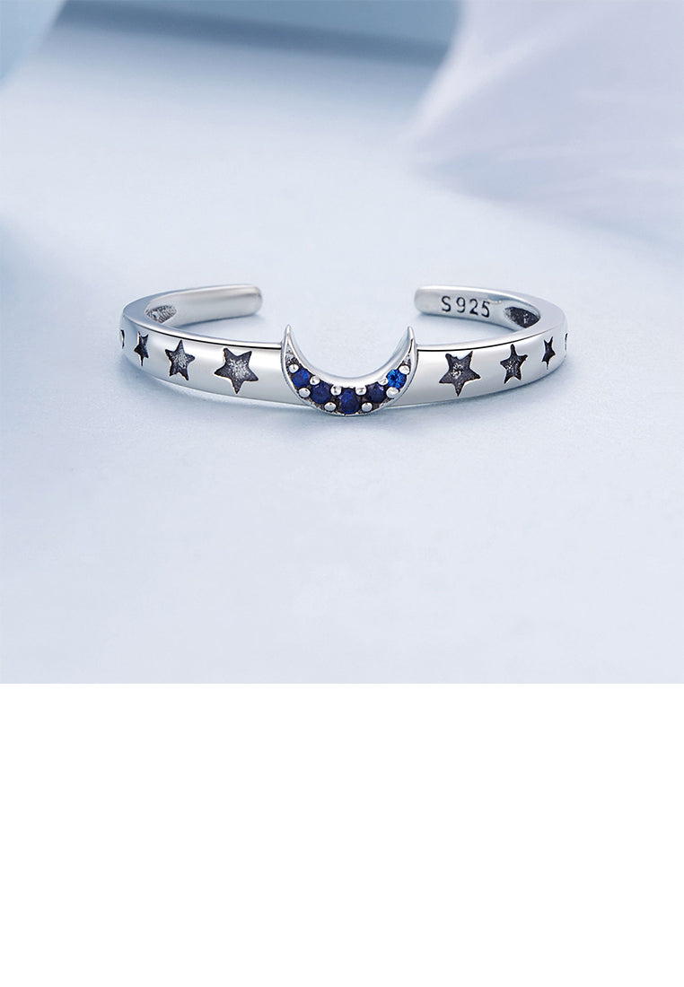 925 Sterling Silver Simple Fashion Moon Star Adjustable Open Ring with Blue Cubic Zirconia - Luxurious Look