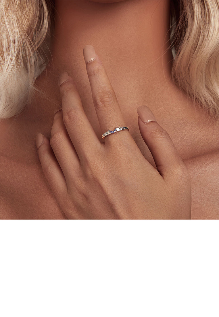 925 Sterling Silver Simple Fashion Moon Star Adjustable Open Ring with Blue Cubic Zirconia - Luxurious Look