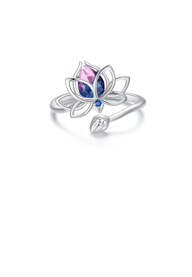925 Sterling Silver Fashion and Elegant Lotus Adjustable Open Ring with Cubic Zirconia - Luxurious Look
