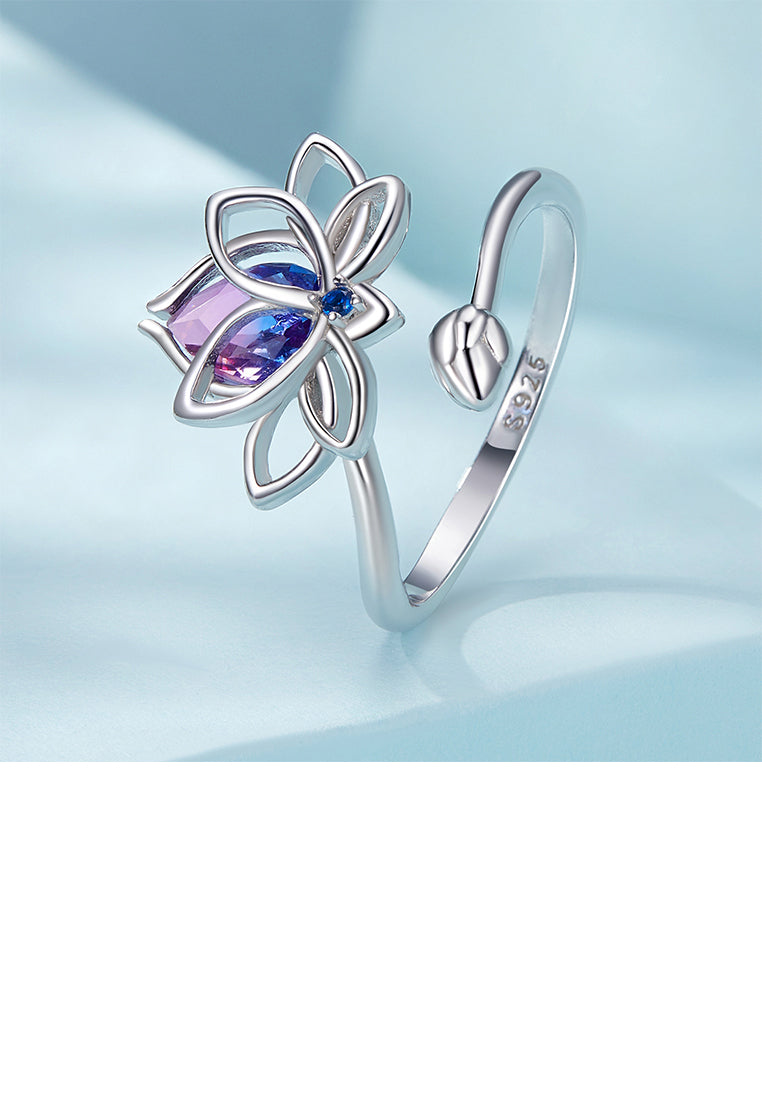 925 Sterling Silver Fashion and Elegant Lotus Adjustable Open Ring with Cubic Zirconia - Luxurious Look