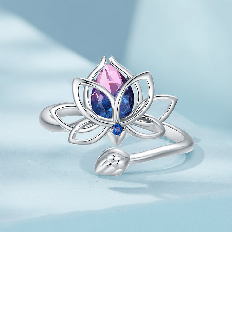 925 Sterling Silver Fashion and Elegant Lotus Adjustable Open Ring with Cubic Zirconia - Luxurious Look
