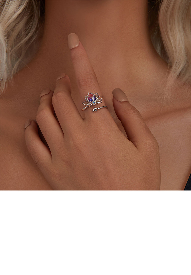 925 Sterling Silver Fashion and Elegant Lotus Adjustable Open Ring with Cubic Zirconia - Luxurious Look