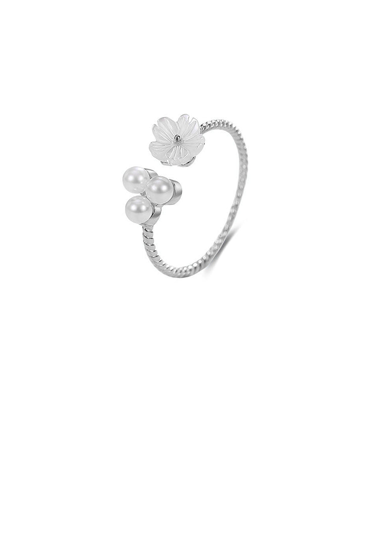 925 Sterling Silver Simple Elegant Flower Imitation Pearl Adjustable Open Ring - Luxurious Look