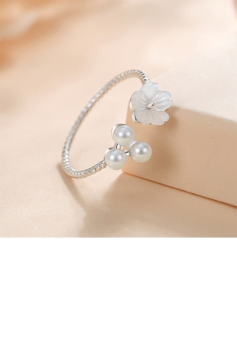 925 Sterling Silver Simple Elegant Flower Imitation Pearl Adjustable Open Ring - Luxurious Look