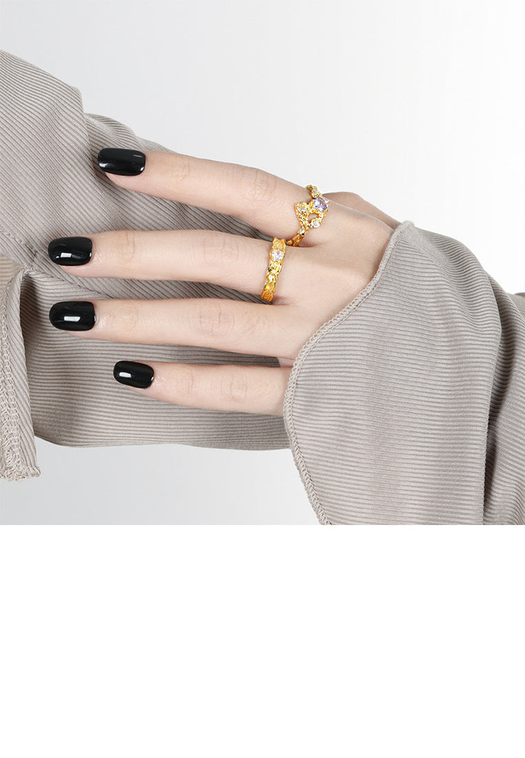 925 Sterling Silver Plated Gold Fashion Personality Irregular Texture Geometric Adjustable Open Ring with Cubic Zirconia - Luxurious Look