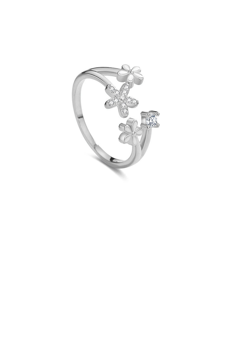 925 Sterling Silver Fashion Simple Flower Adjustable Open Ring with Cubic Zirconia - Luxurious Look