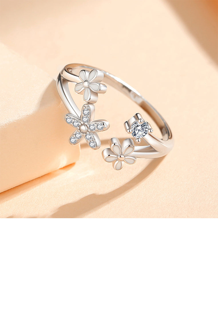 925 Sterling Silver Fashion Simple Flower Adjustable Open Ring with Cubic Zirconia - Luxurious Look
