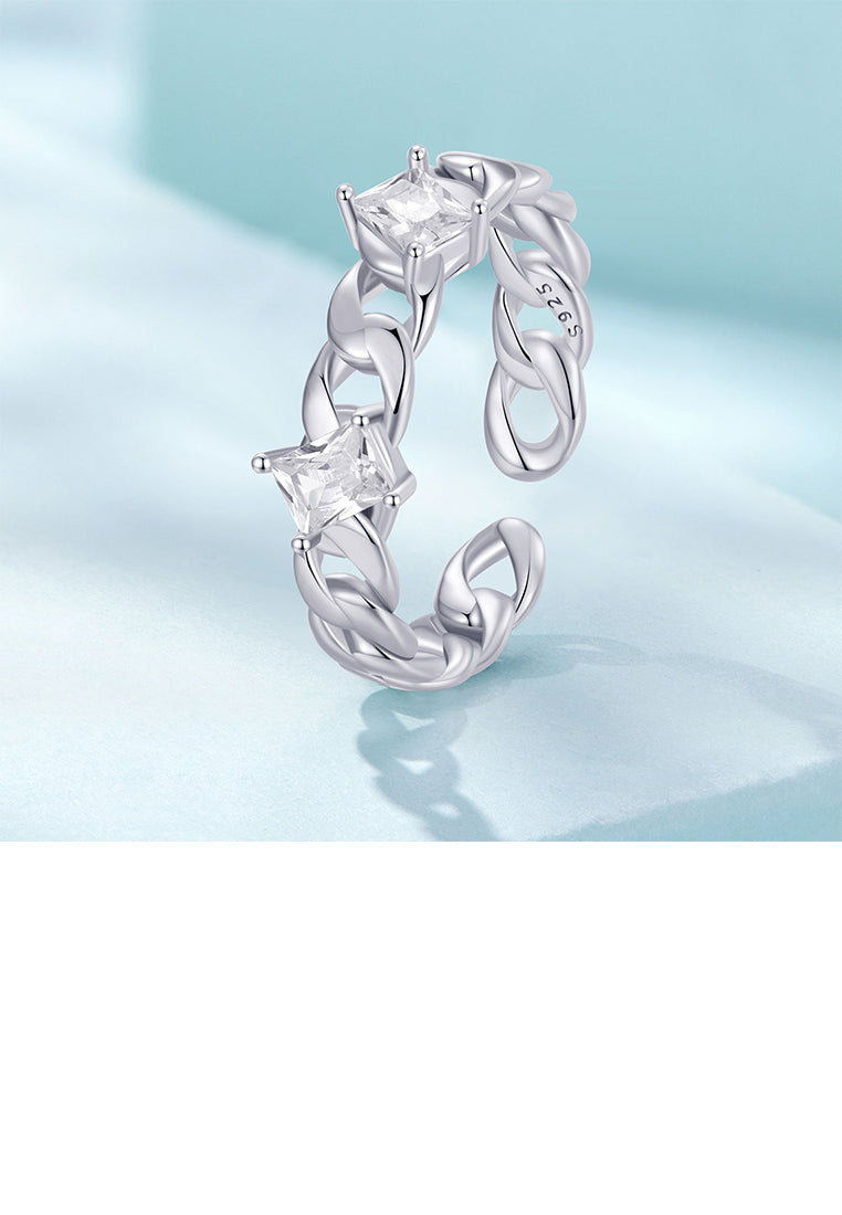 925 Sterling Silver Fashion Simple Chain Geometric Adjustable Open Ring with Cubic Zirconia - Luxurious Look