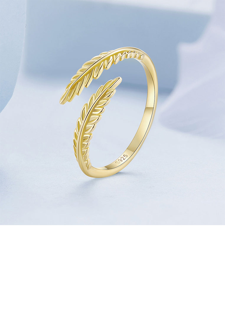 925 Sterling Silver Plated Gold Simple Fashion Leaf Adjustable Open Ring