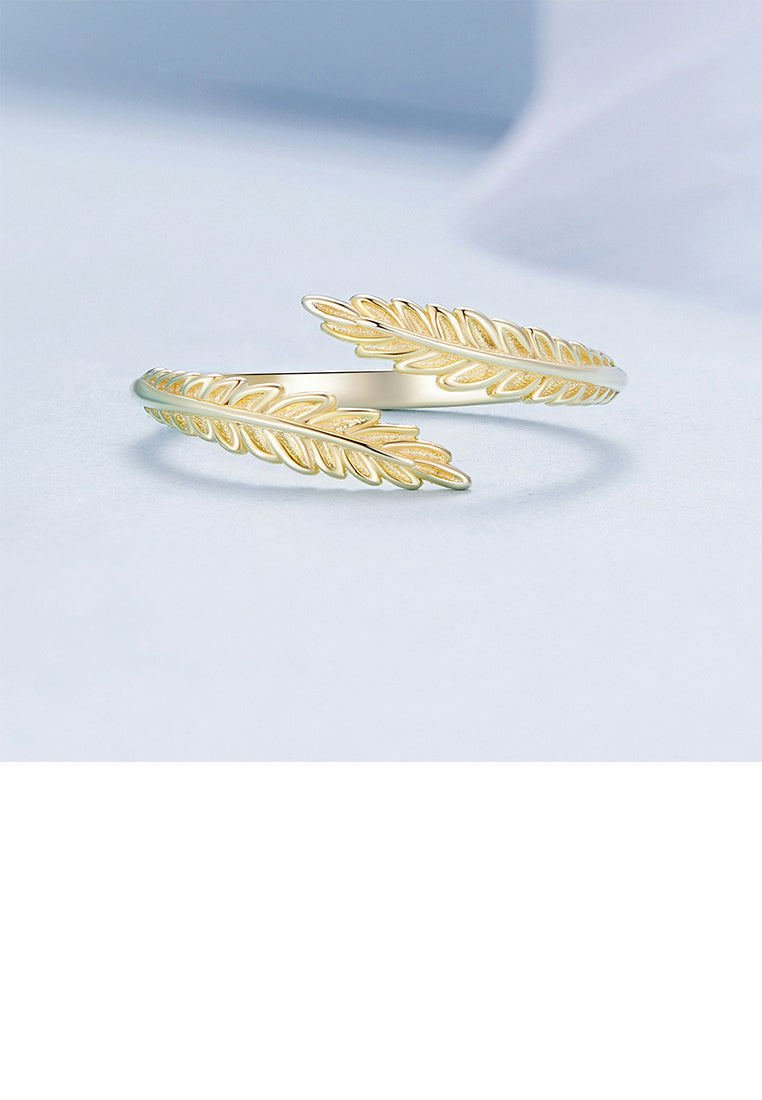 925 Sterling Silver Plated Gold Simple Fashion Leaf Adjustable Open Ring