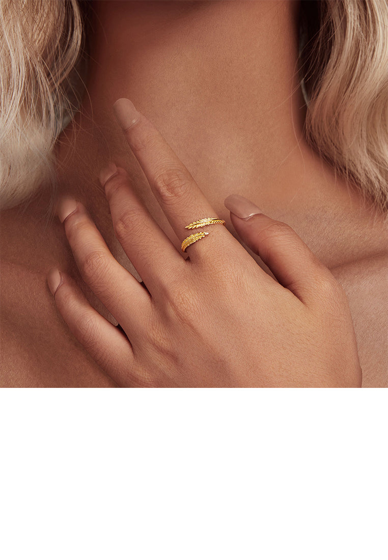 925 Sterling Silver Plated Gold Simple Fashion Leaf Adjustable Open Ring