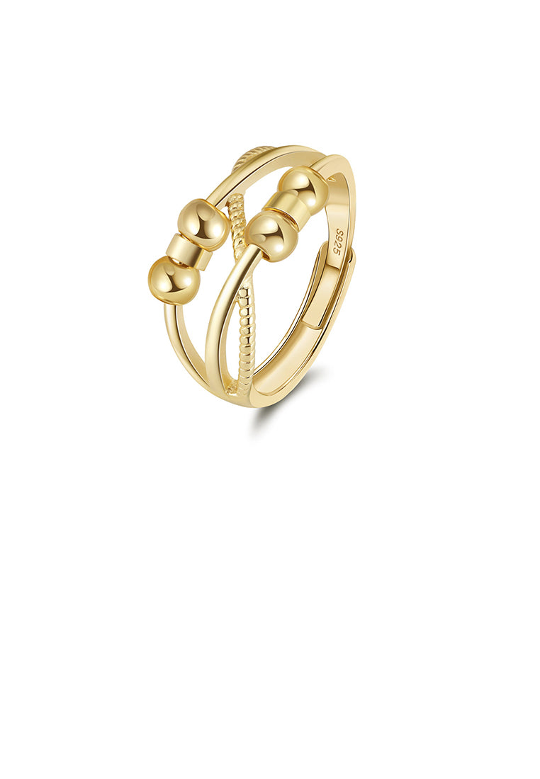 925 Sterling Silver Plated Gold Fashion and Creative Beaded Cross Geometric Adjustable Ring