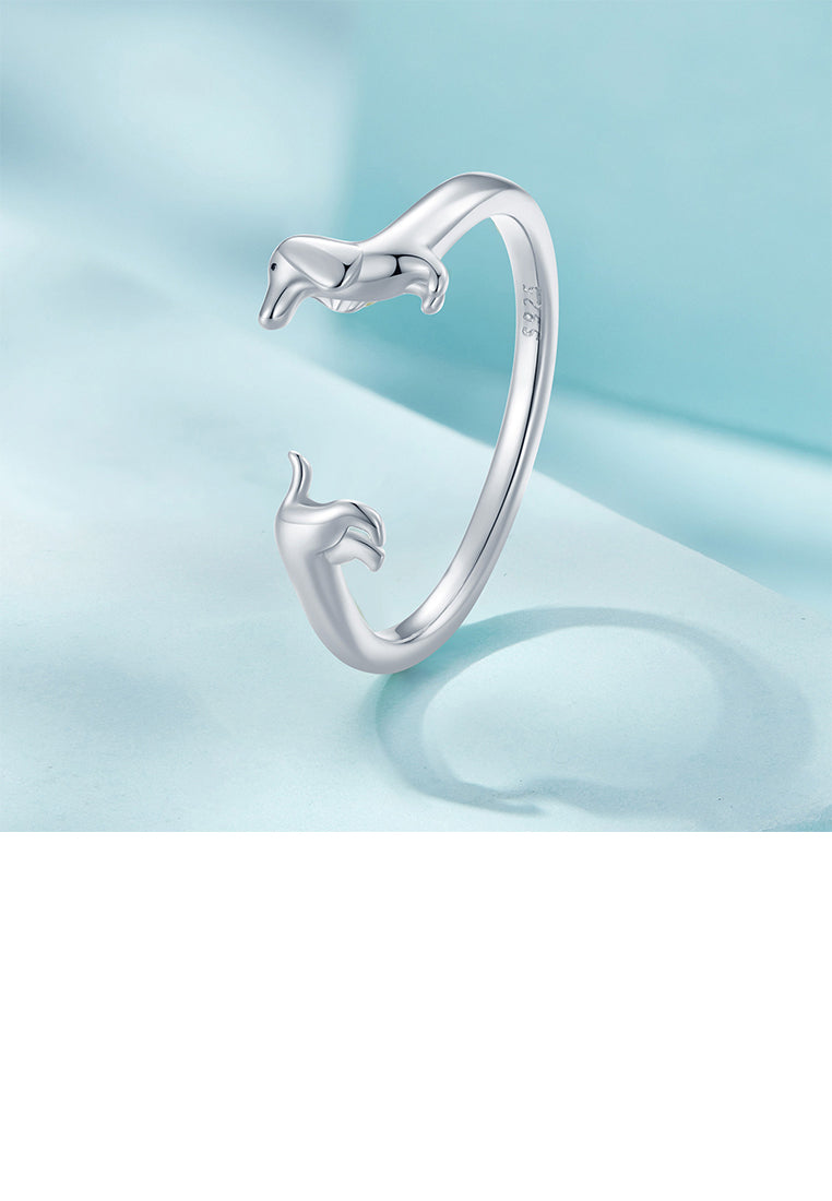 925 Sterling Silver Simple Cute Dachshund Adjustable Open Ring