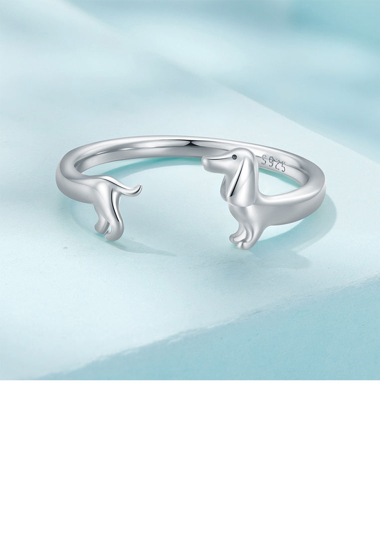 925 Sterling Silver Simple Cute Dachshund Adjustable Open Ring