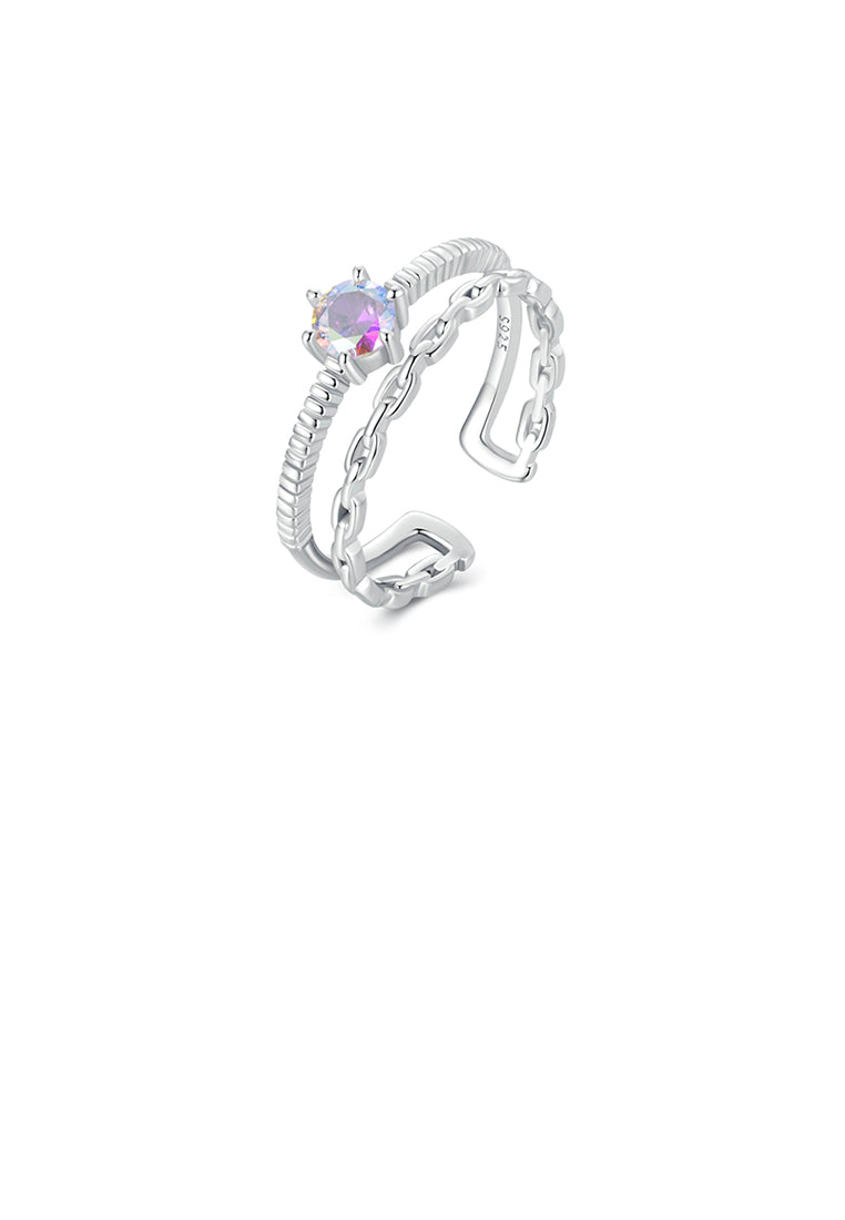 925 Sterling Silver Fashion Simple Double Chain Geometric Adjustable Open Ring with Cubic Zirconia - Luxurious Look