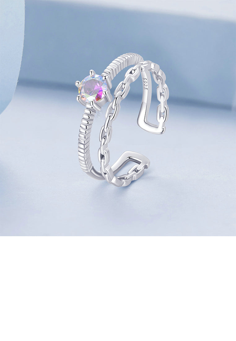 925 Sterling Silver Fashion Simple Double Chain Geometric Adjustable Open Ring with Cubic Zirconia - Luxurious Look