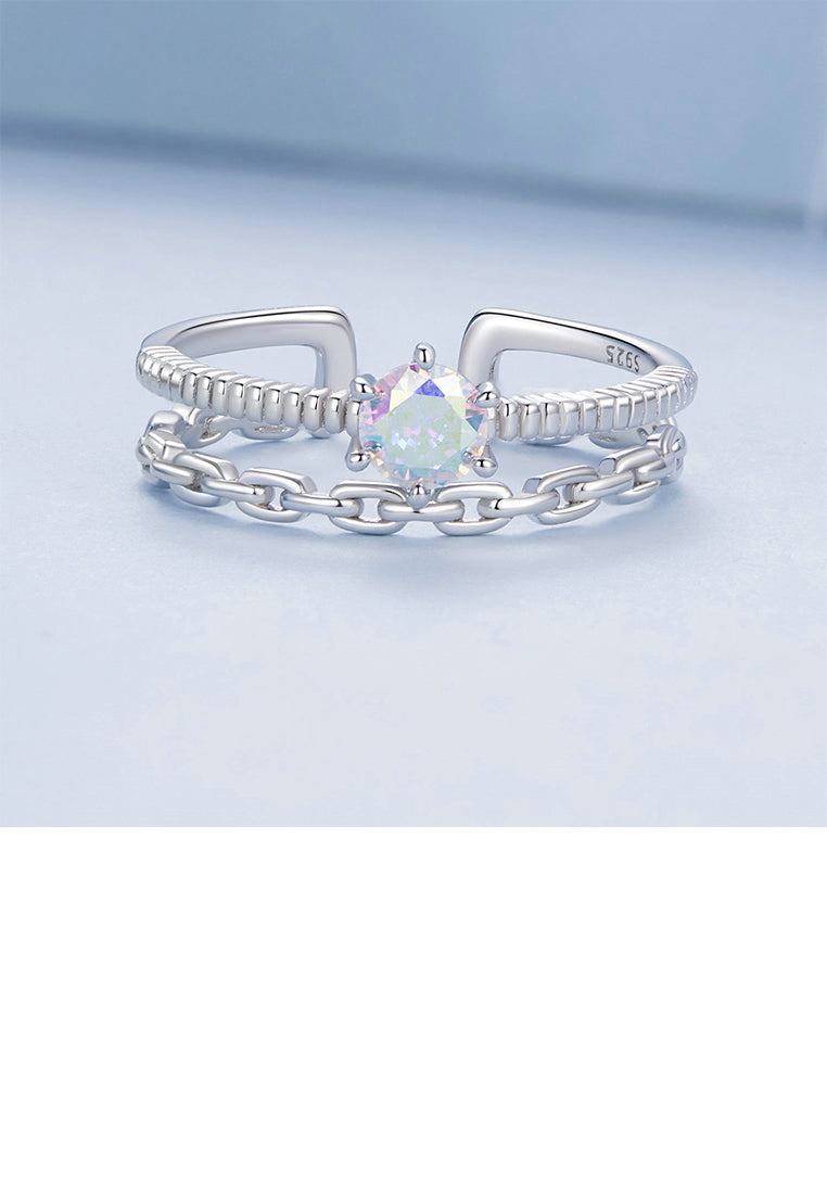 925 Sterling Silver Fashion Simple Double Chain Geometric Adjustable Open Ring with Cubic Zirconia - Luxurious Look