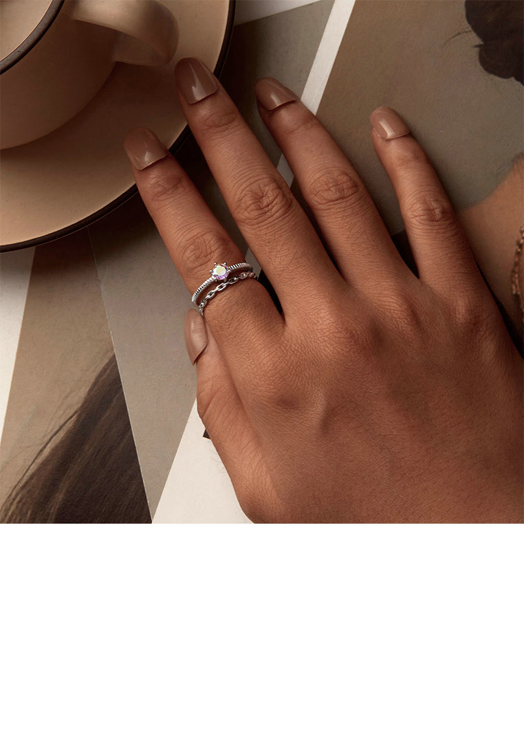 925 Sterling Silver Fashion Simple Double Chain Geometric Adjustable Open Ring with Cubic Zirconia - Luxurious Look