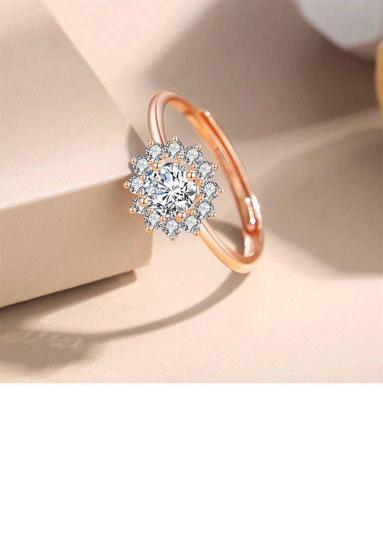 925 Sterling Silver Plated Rose Gold Fashion Brilliant Flower Adjustable Ring with Cubic Zirconia - Luxurious Look