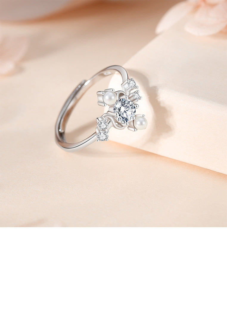 925 Sterling Silver Fashion Simple Geometric Imitation Pearl Adjustable Ring with Cubic Zirconia - Luxurious Look
