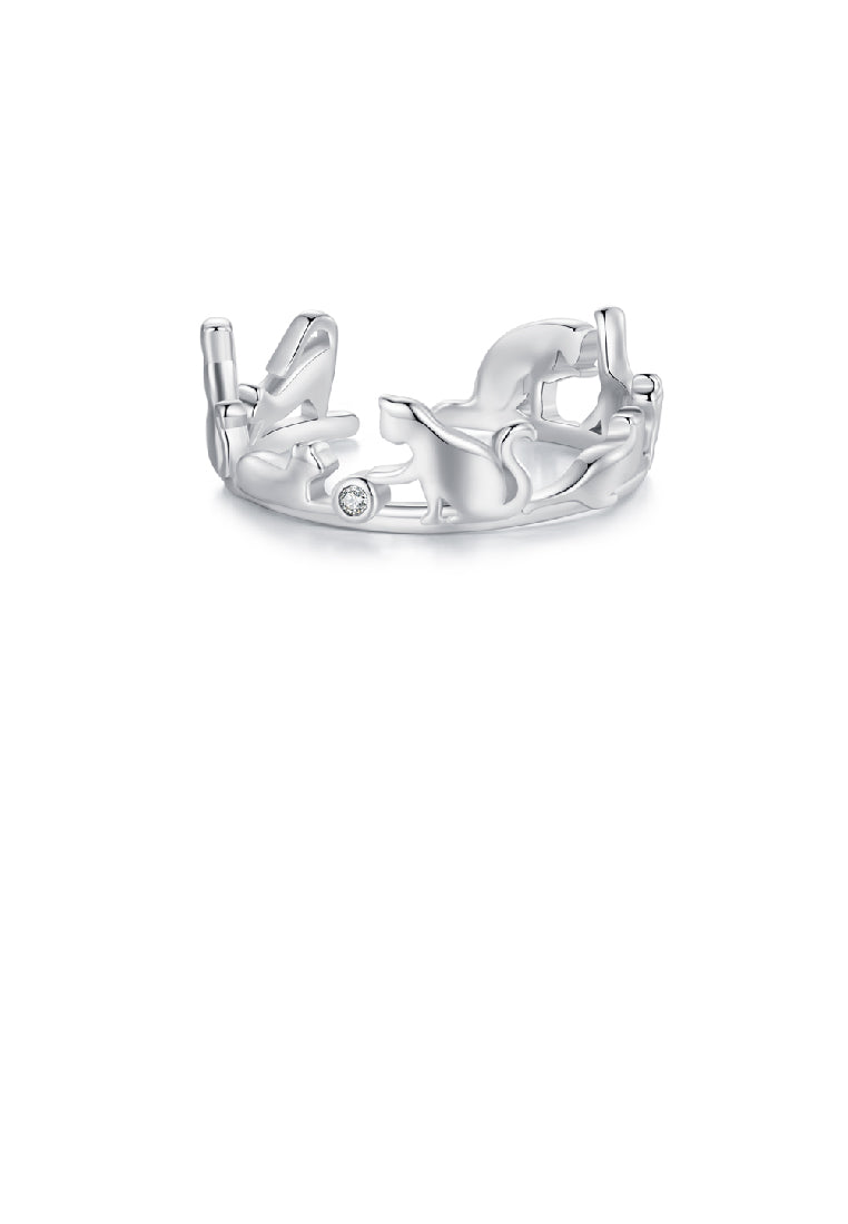 925 Sterling Silver Fashion Simple Cat Adjustable Open Ring with Cubic Zirconia - Luxurious Look