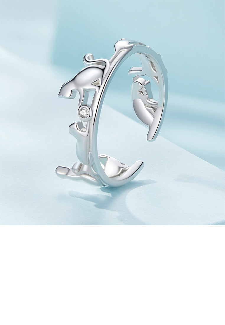 925 Sterling Silver Fashion Simple Cat Adjustable Open Ring with Cubic Zirconia - Luxurious Look