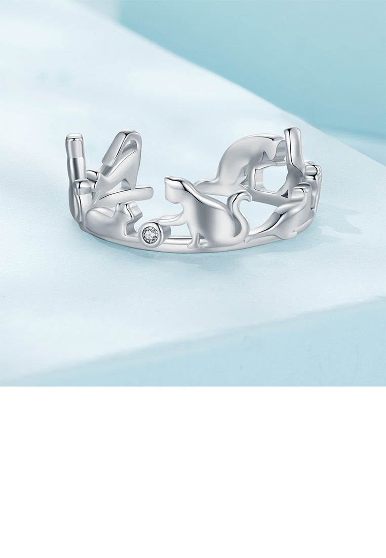 925 Sterling Silver Fashion Simple Cat Adjustable Open Ring with Cubic Zirconia - Luxurious Look