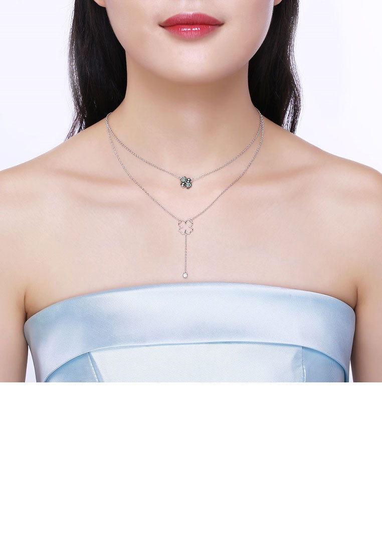 925 Sterling Silver Four-clover Necklace with Green Austrian Element Crystal