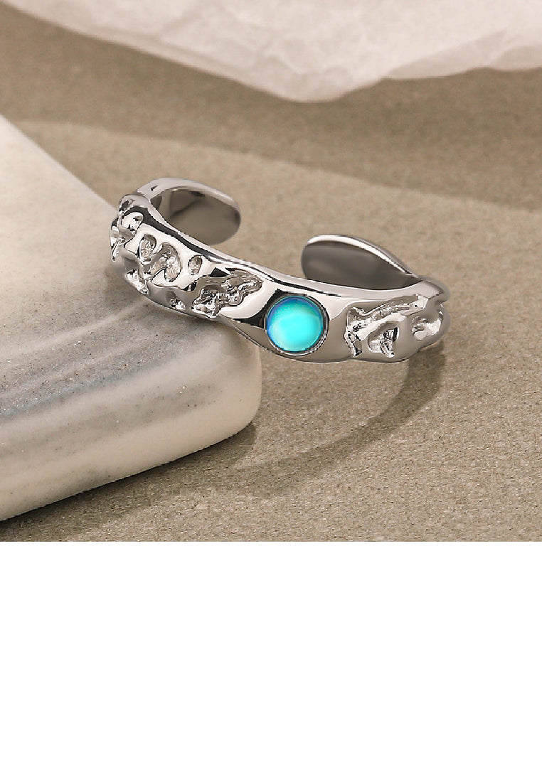 925 Sterling Silver Fashion Temperament Irregular Texture Geometric Moonstone Adjustable Open Ring