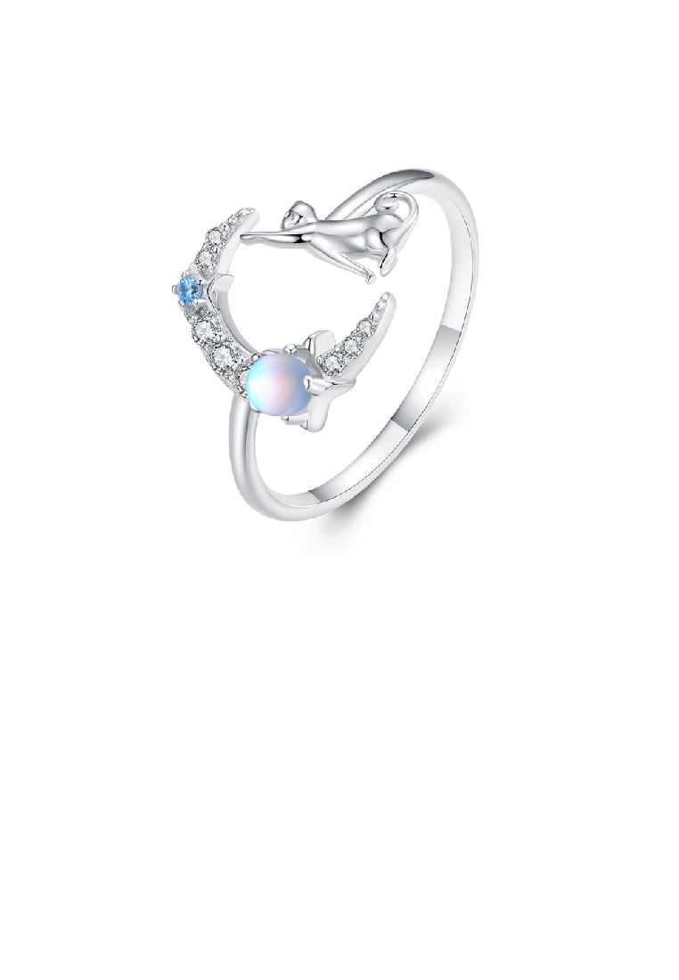 925 Sterling Silver Fashion Cute Cat Moon Moonstone Adjustable Open Ring with Cubic Zirconia - Luxurious Look