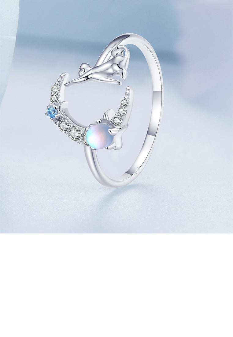 925 Sterling Silver Fashion Cute Cat Moon Moonstone Adjustable Open Ring with Cubic Zirconia - Luxurious Look