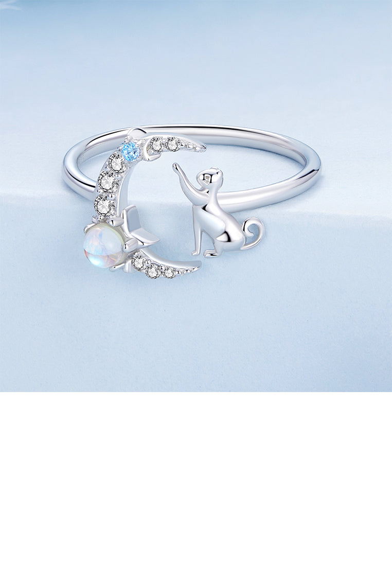 925 Sterling Silver Fashion Cute Cat Moon Moonstone Adjustable Open Ring with Cubic Zirconia - Luxurious Look