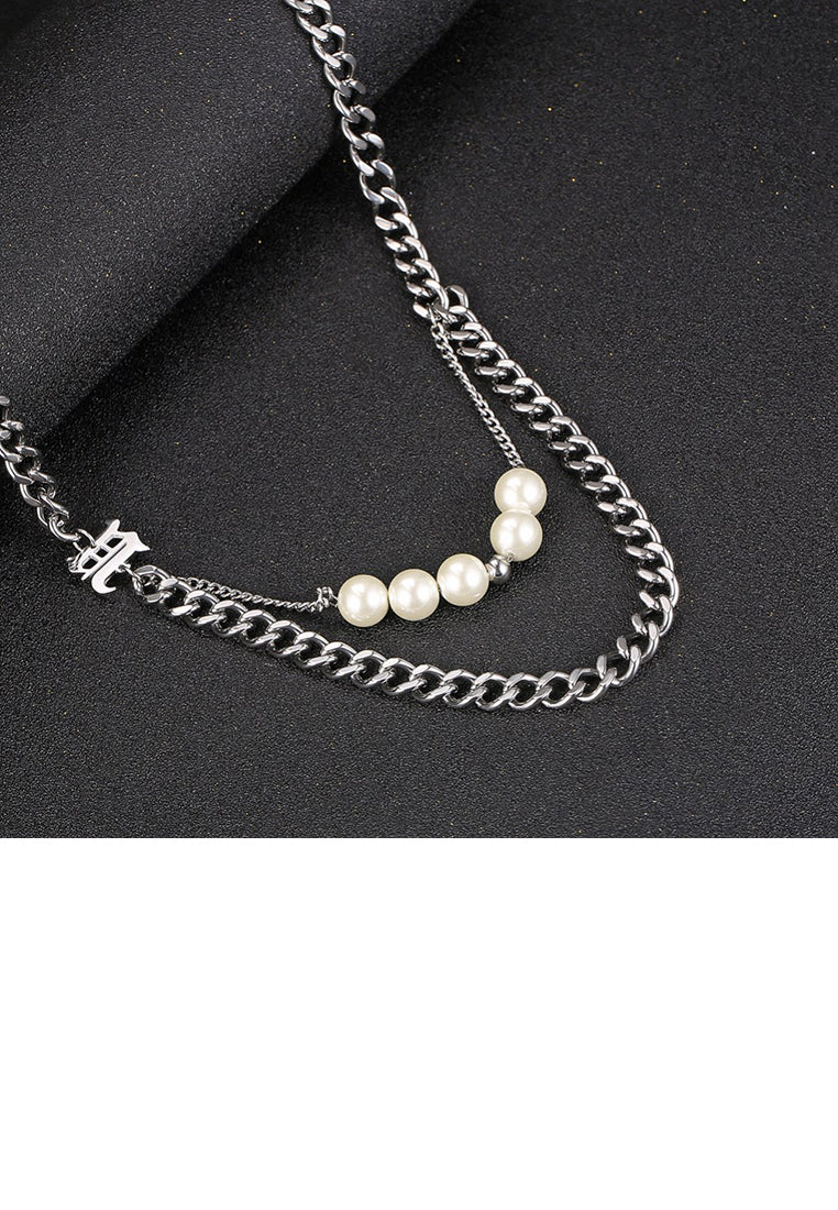 Fashion Personality 316L Stainless Steel English Alphabet Chain Imitation Pearl Double Necklace - Luxurious Look