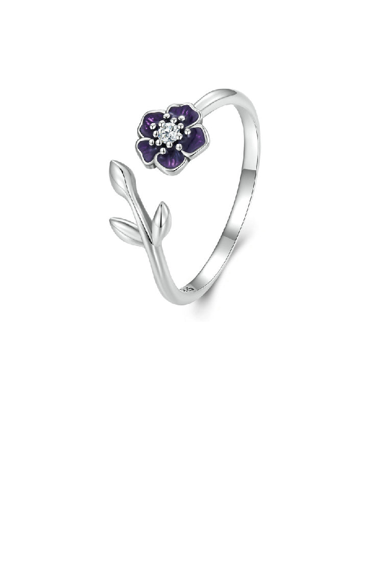 925 Sterling Silver Simple Temperament Enamel Purple Flower Adjustable Open Ring with Cubic Zirconia - Luxurious Look