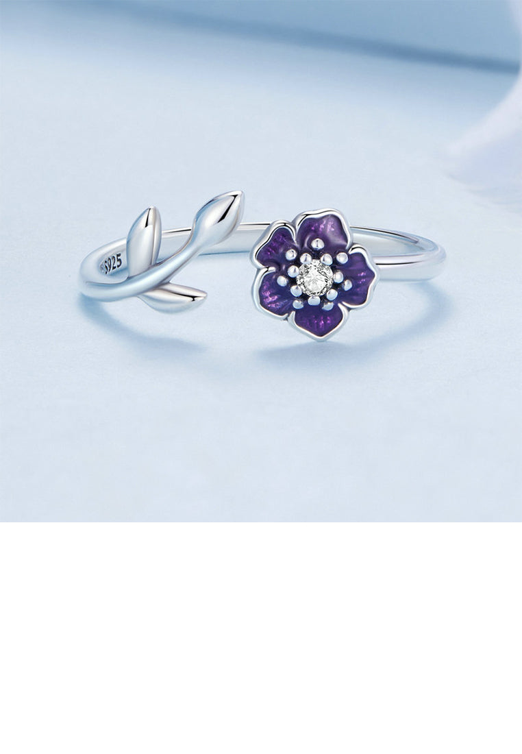 925 Sterling Silver Simple Temperament Enamel Purple Flower Adjustable Open Ring with Cubic Zirconia - Luxurious Look