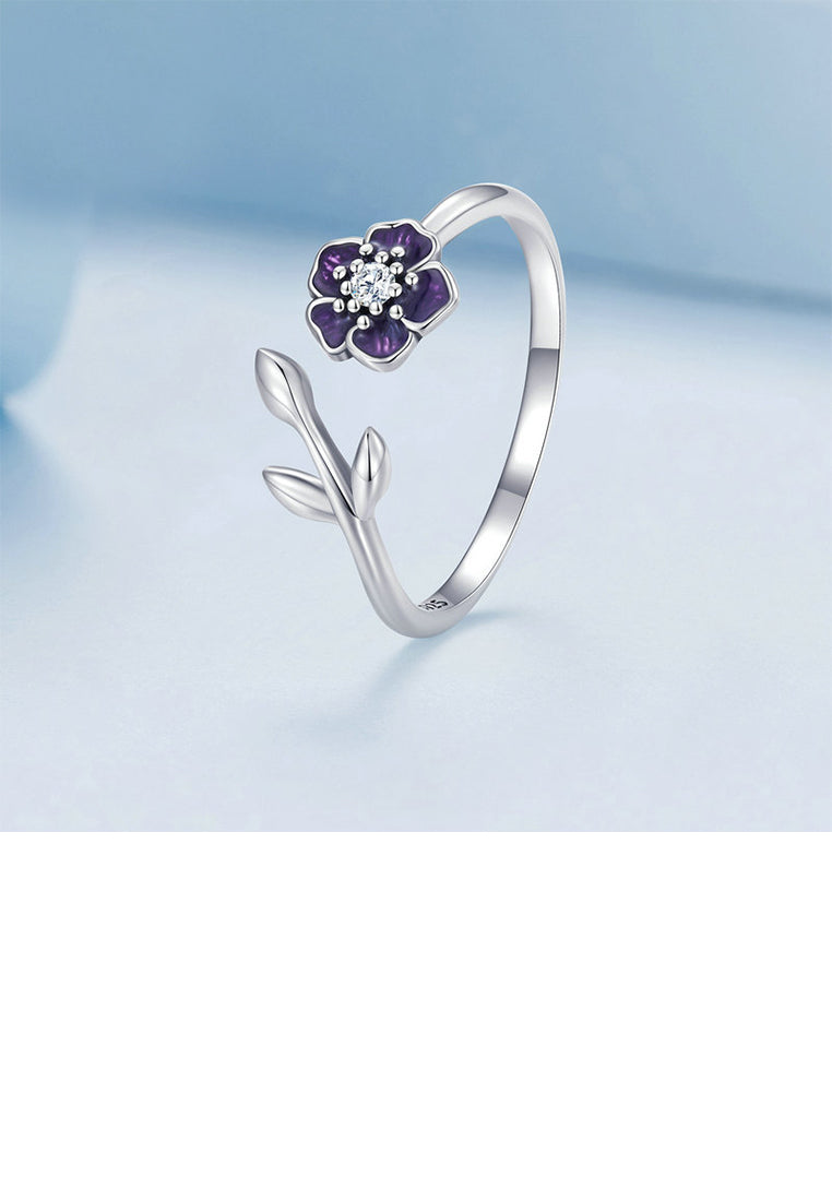 925 Sterling Silver Simple Temperament Enamel Purple Flower Adjustable Open Ring with Cubic Zirconia - Luxurious Look