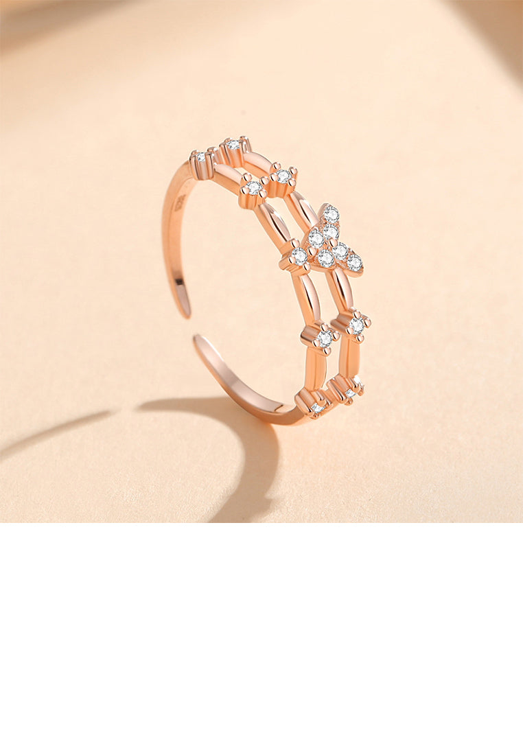 925 Sterling Silver Plated Rose Gold Simple Temperament Butterfly Double Layer Adjustable Open Ring with Cubic Zirconia - Luxurious Look