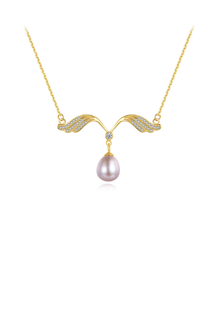 925 Sterling Silver Plated Gold Simple Fashion Angel Wings Purple Freshwater Pearl Necklace with Cubic Zirconia - Luxurious Look