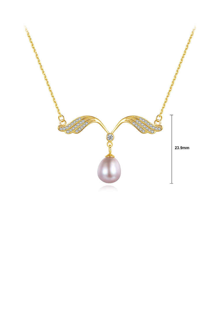 925 Sterling Silver Plated Gold Simple Fashion Angel Wings Purple Freshwater Pearl Necklace with Cubic Zirconia - Luxurious Look