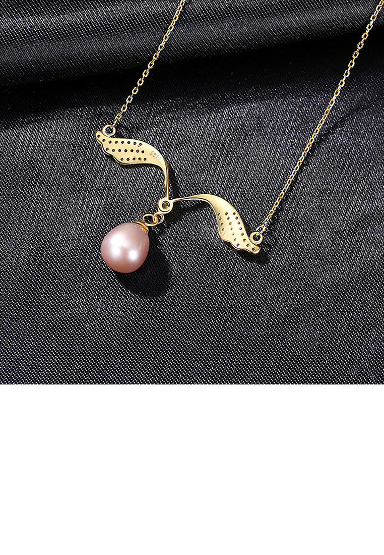 925 Sterling Silver Plated Gold Simple Fashion Angel Wings Purple Freshwater Pearl Necklace with Cubic Zirconia - Luxurious Look