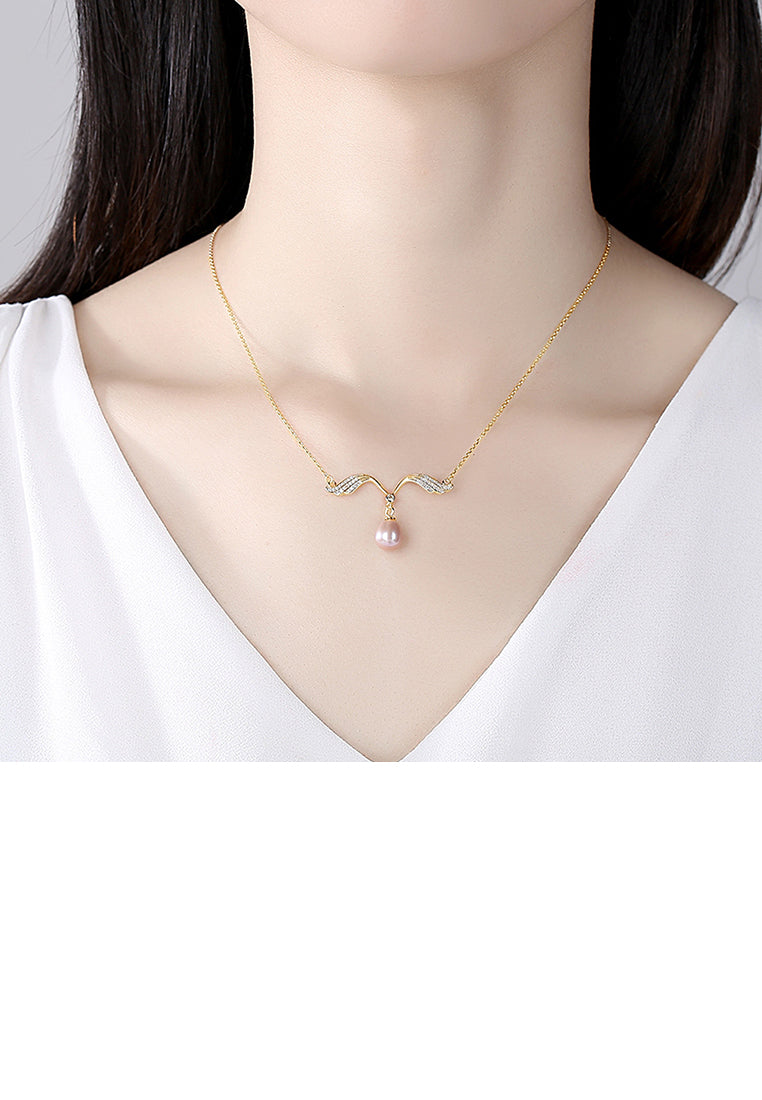 925 Sterling Silver Plated Gold Simple Fashion Angel Wings Purple Freshwater Pearl Necklace with Cubic Zirconia - Luxurious Look